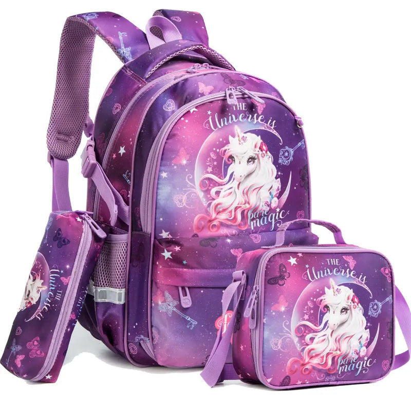 Kit Escolar 3 Peças com Estampas Animadas: Mochila, Lancheira e Estojo