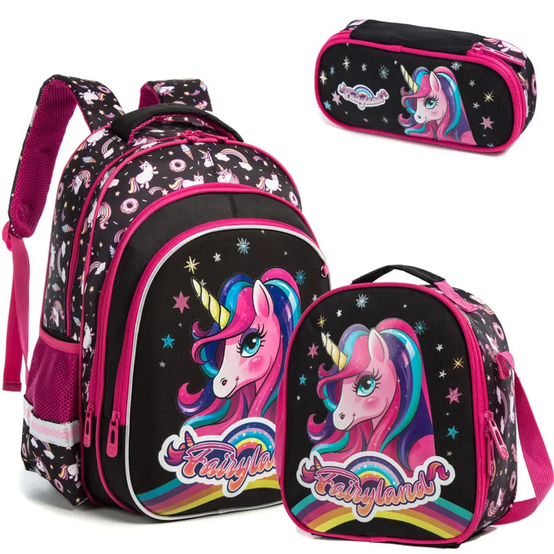 Kit Escolar 3 Peças com Estampas Animadas: Mochila, Lancheira e Estojo